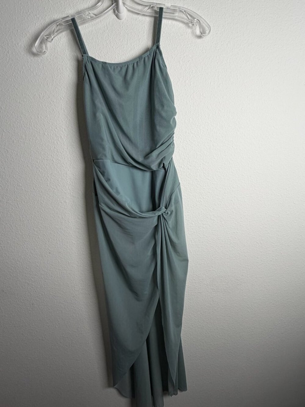 Dusty Sage Lyrical Dance Costume Ruched Mesh Knot Asymmetric Leotard Dress M